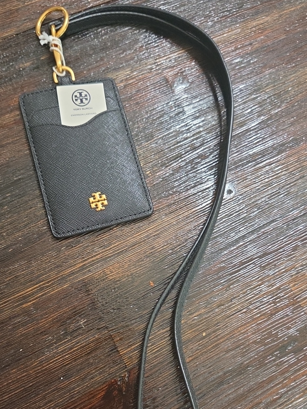 Tory Burch Black Leather Card Holder Lanyard with Gold Logo